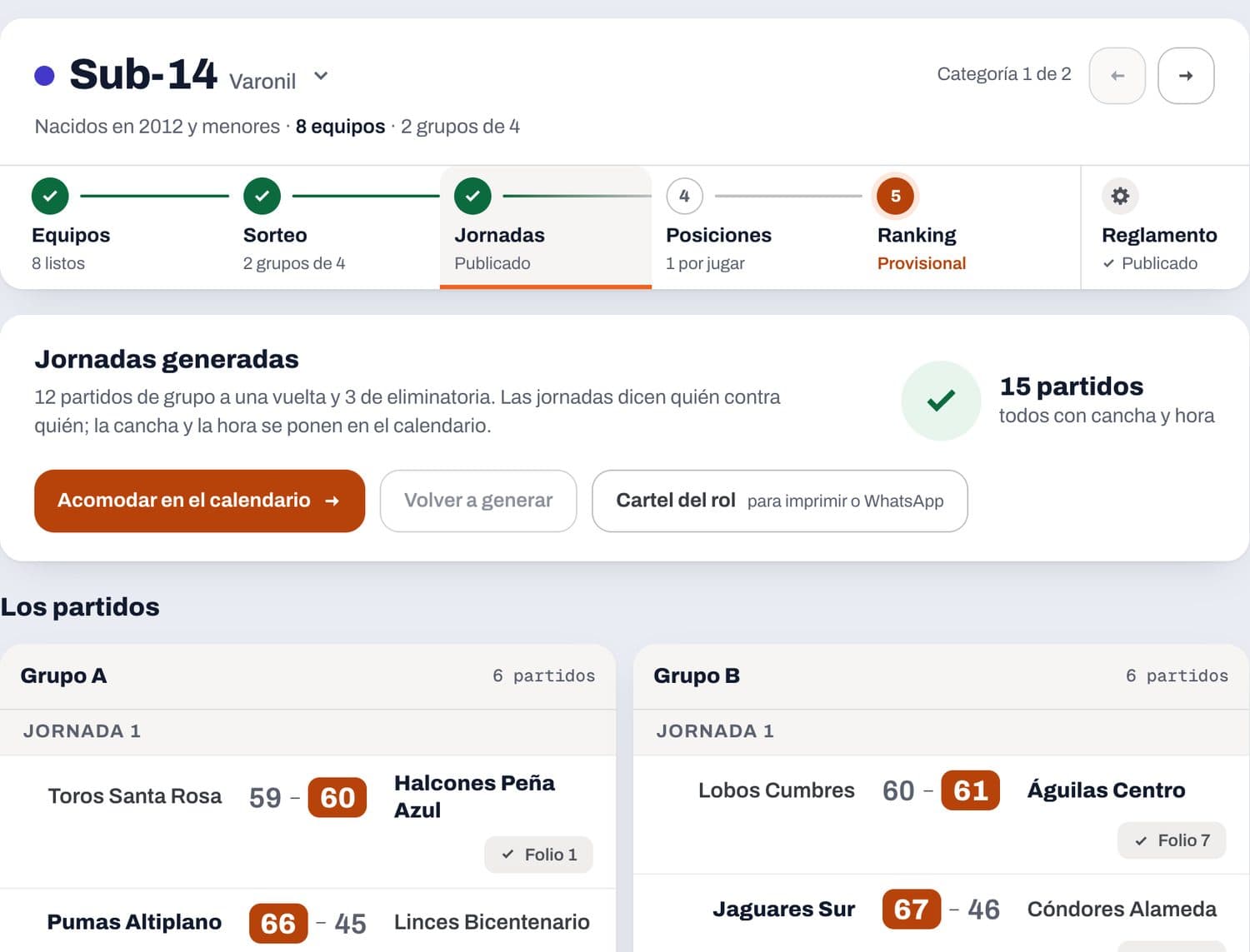 Panel del organizador con las jornadas de Sub-14 y sus resultados