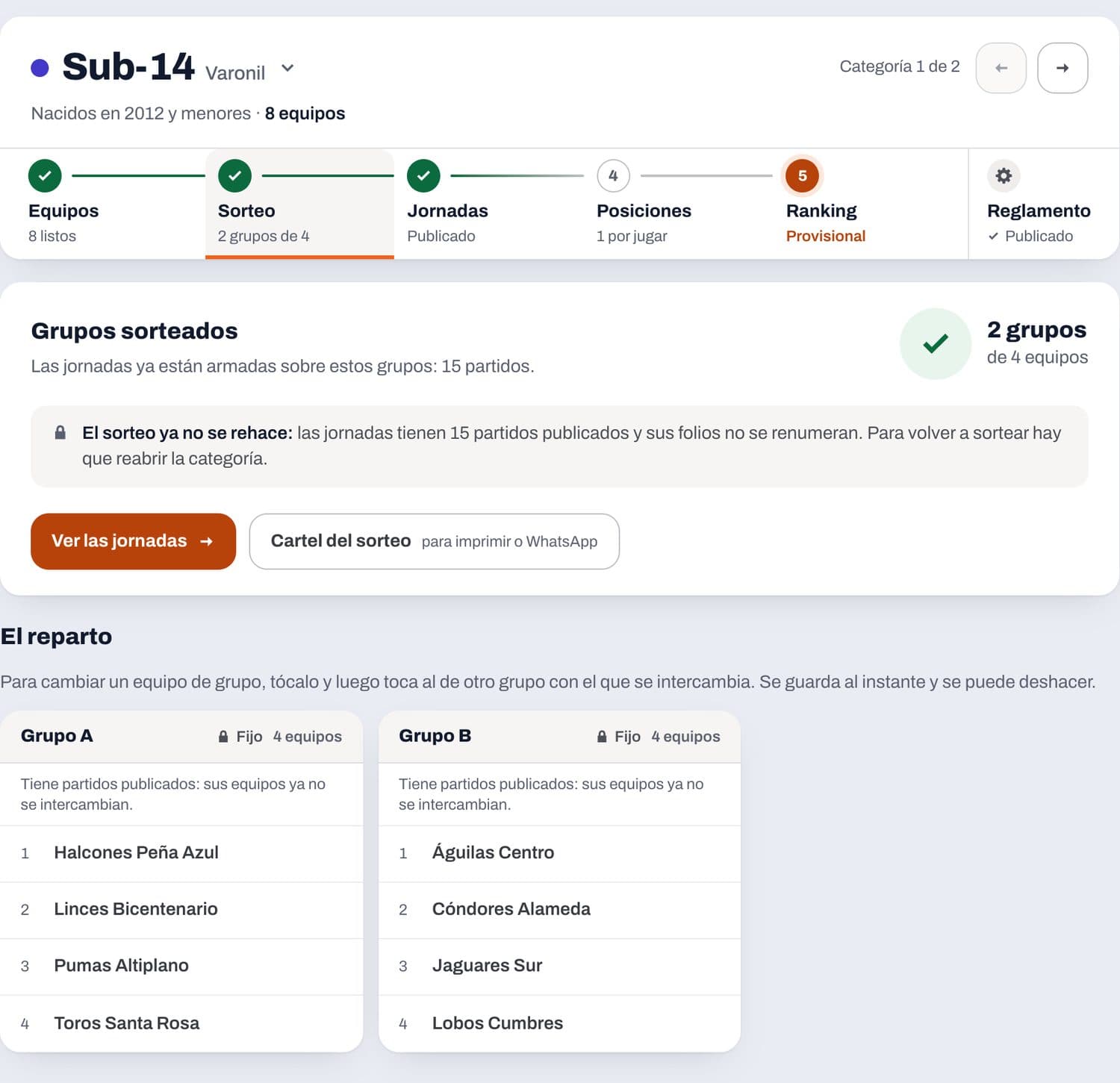 Grupos sorteados de Sub-14 con el reparto de equipos en el Grupo A y el Grupo B